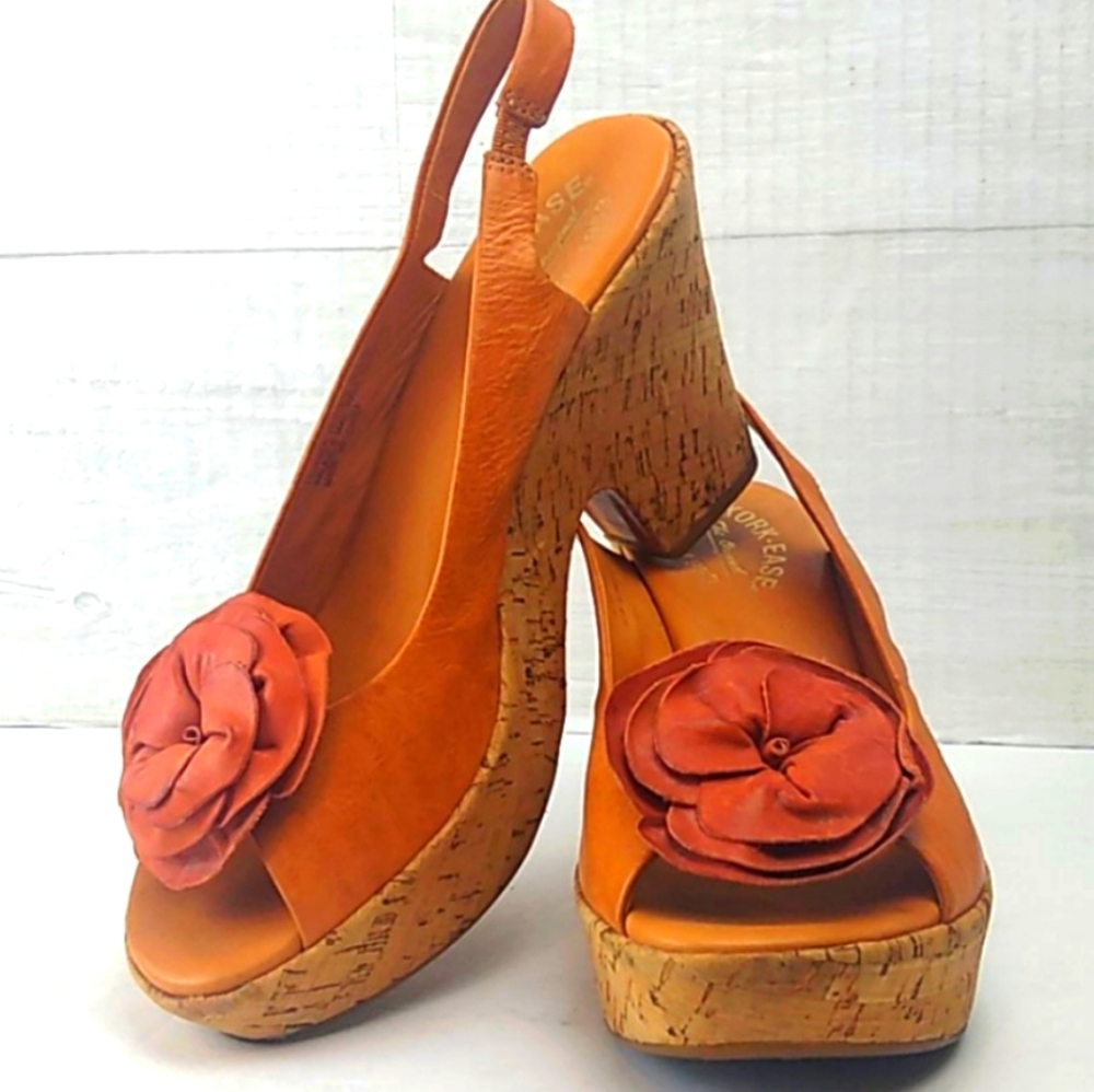 Kork-Ease Carmel Leather Flowered "4 Platform Slings - Picture 1 of 11